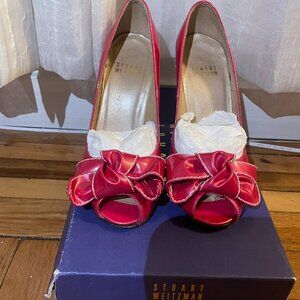 Stuart Weitzman Woodbow Fushia Quasar Open Toe Pumps